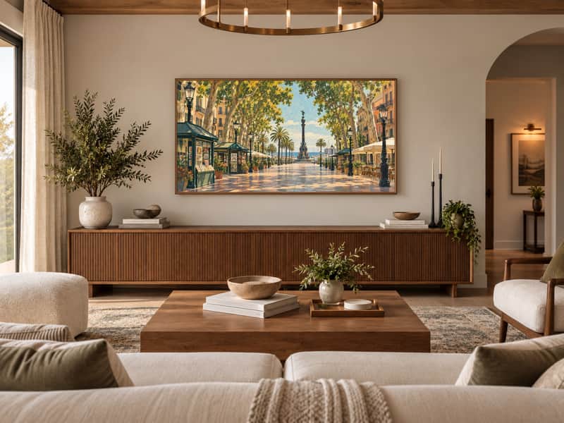 La Rambla wallpaper shown as art on a Samsung Frame TV