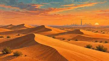 Desert Dunes 4K wallpaper, mid-century travel poster style