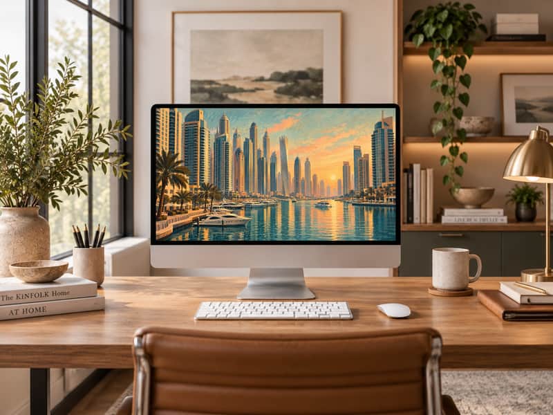 Dubai Marina wallpaper shown on a desktop computer screen