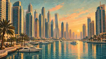 Dubai Marina 4K wallpaper, mid-century travel poster style