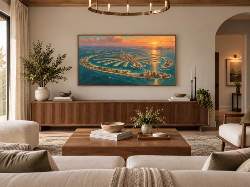 Palm Jumeirah wallpaper shown as art on a Samsung Frame TV