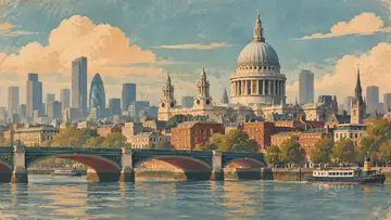 St. Paul's Cathedral 4K wallpaper, mid-century travel poster style