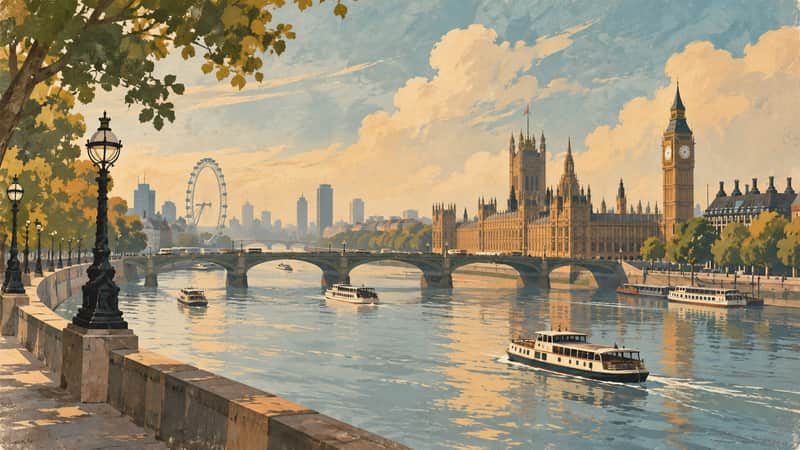 Thames Riverside 4K wallpaper, mid-century travel poster style, for Frame TV and desktop