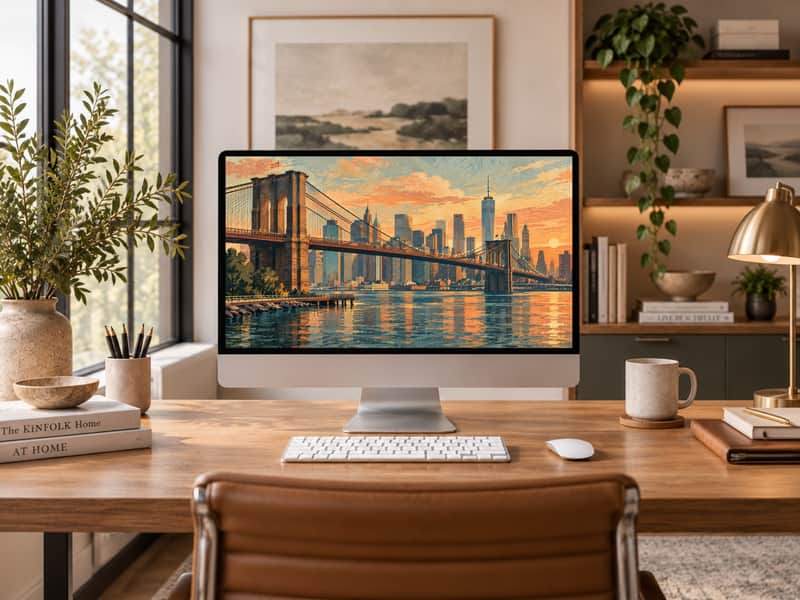 Brooklyn Bridge wallpaper shown on a desktop computer screen