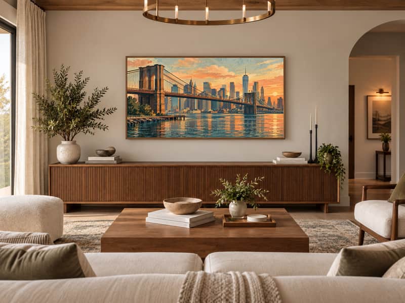 Brooklyn Bridge wallpaper shown as art on a Samsung Frame TV