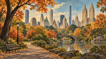 Central Park 4K wallpaper, mid-century travel poster style