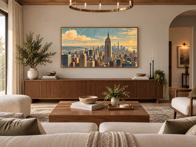 Empire State Building wallpaper shown as art on a Samsung Frame TV