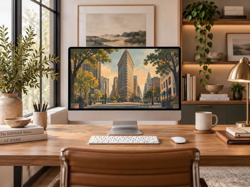 Flatiron Building wallpaper shown on a desktop computer screen