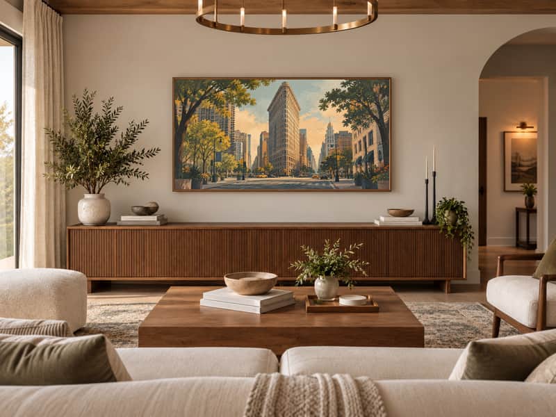 Flatiron Building wallpaper shown as art on a Samsung Frame TV