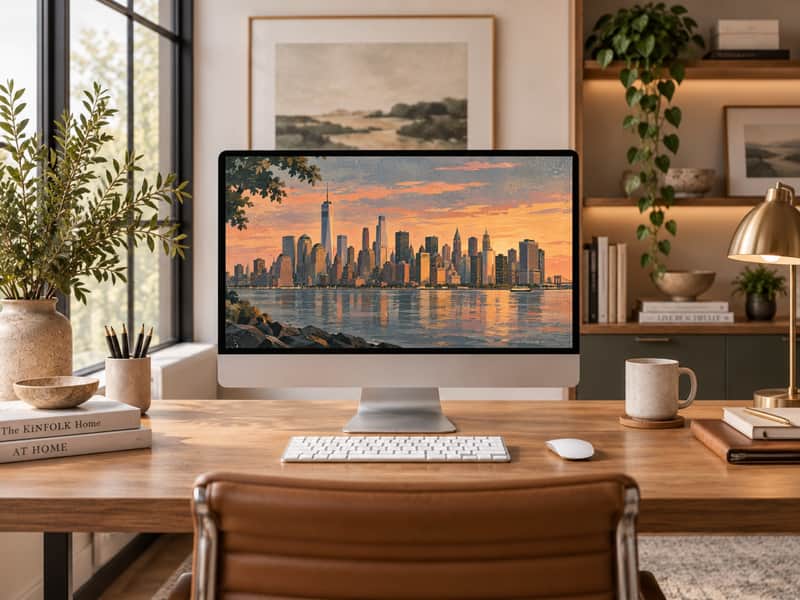 Manhattan Skyline wallpaper shown on a desktop computer screen
