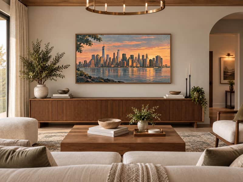 Manhattan Skyline wallpaper shown as art on a Samsung Frame TV