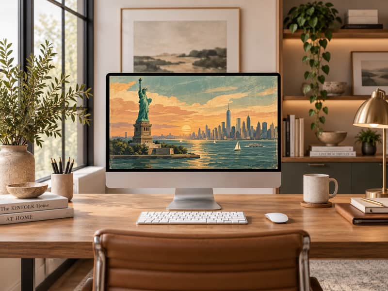 Statue of Liberty wallpaper shown on a desktop computer screen