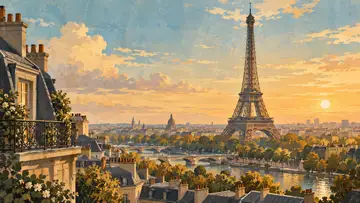 Eiffel Tower 4K wallpaper, mid-century travel poster style