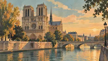 Notre-Dame Cathedral 4K wallpaper, mid-century travel poster style
