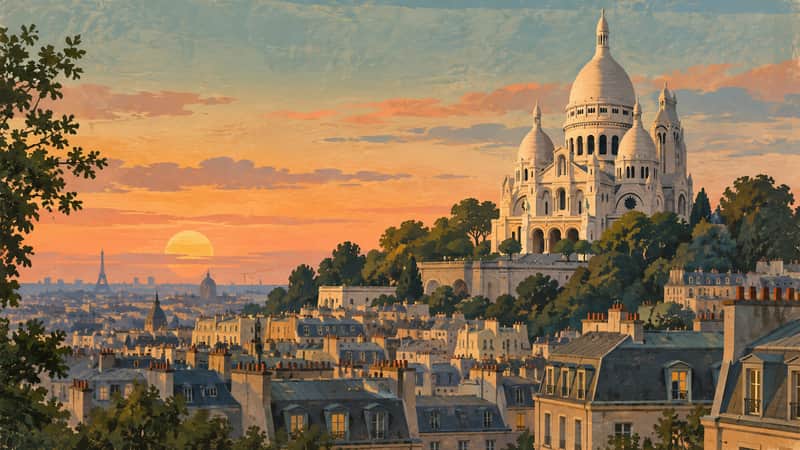 Sacré-Cœur Basilica 4K wallpaper, mid-century travel poster style, for Frame TV and desktop