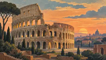 Colosseum 4K wallpaper, mid-century travel poster style