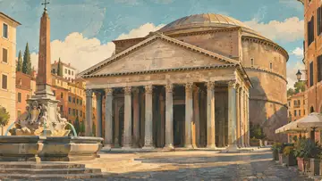 Pantheon 4K wallpaper, mid-century travel poster style