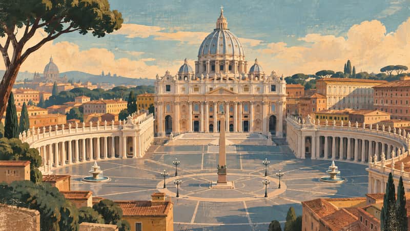 St. Peter's Basilica 4K wallpaper, mid-century travel poster style, for Frame TV and desktop