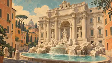 Trevi Fountain 4K wallpaper, mid-century travel poster style