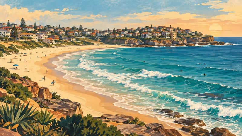 Bondi Beach 4K wallpaper, mid-century travel poster style, for Frame TV and desktop