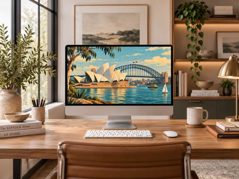Bondi Beach wallpaper shown on a desktop computer screen
