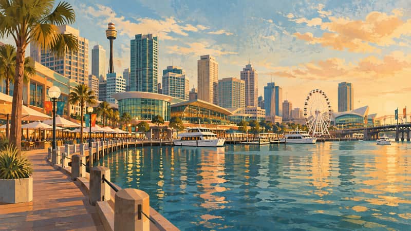 Darling Harbour 4K wallpaper, mid-century travel poster style, for Frame TV and desktop