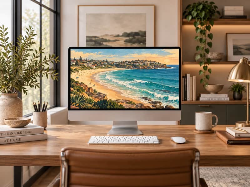 Darling Harbour wallpaper shown on a desktop computer screen