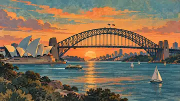 Harbour Bridge 4K wallpaper, mid-century travel poster style