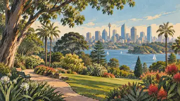 Royal Botanic Garden 4K wallpaper, mid-century travel poster style