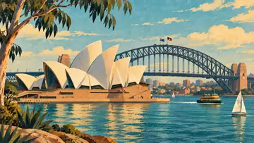 Sydney Opera House 4K wallpaper, mid-century travel poster style
