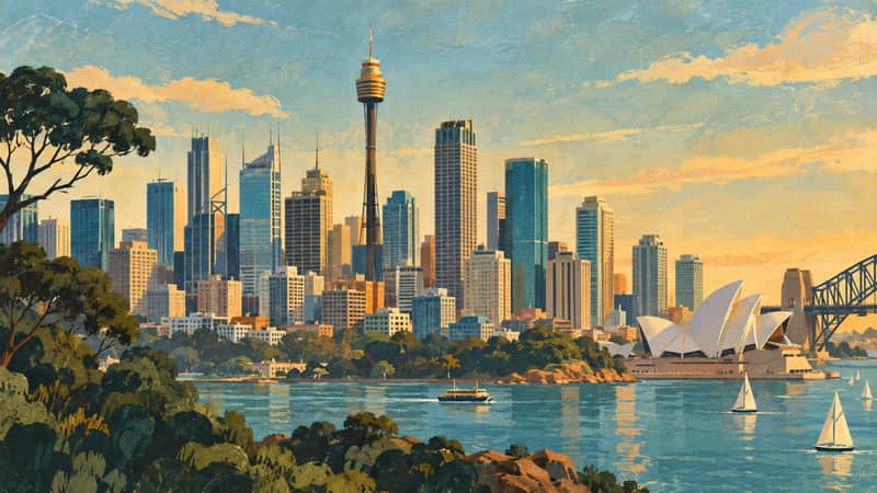 Sydney Tower 4K wallpaper, mid-century travel poster style, for Frame TV and desktop