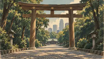Meiji Shrine 4K wallpaper, mid-century travel poster style