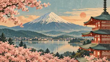 Mount Fuji View 4K wallpaper, mid-century travel poster style