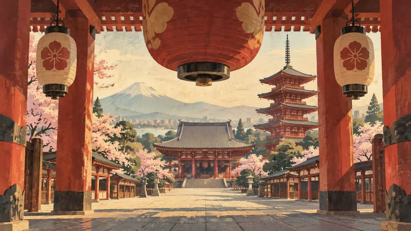 Senso-ji Temple 4K wallpaper, mid-century travel poster style, for Frame TV and desktop