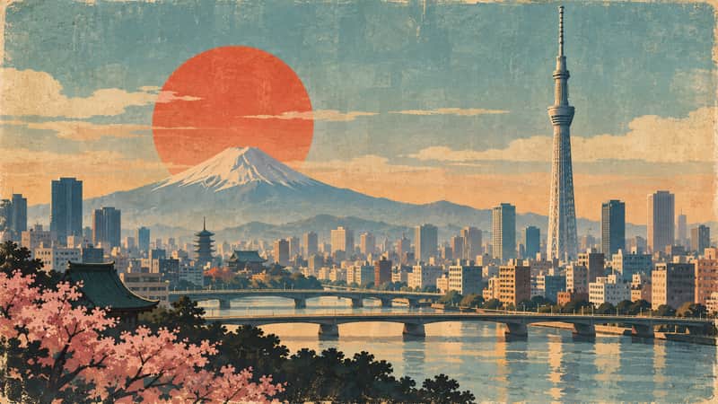 Tokyo Skytree 4K wallpaper, mid-century travel poster style, for Frame TV and desktop