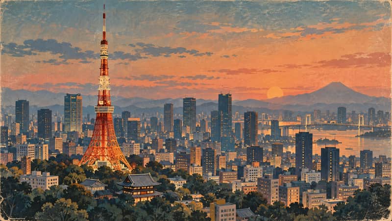 Tokyo Tower 4K wallpaper, mid-century travel poster style, for Frame TV and desktop