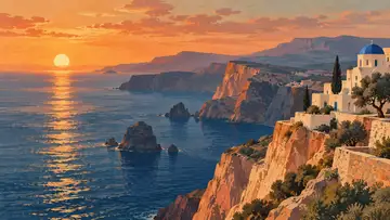 Aegean Sea Cliffs 4K wallpaper, mid-century travel poster style