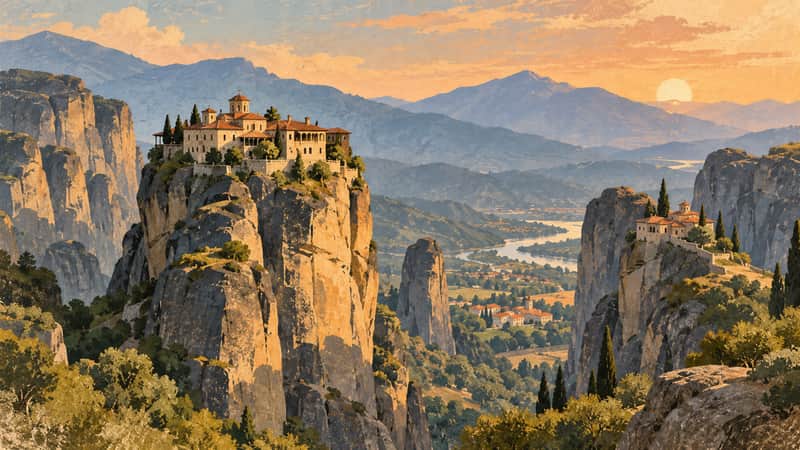 Meteora Monasteries 4K wallpaper, mid-century travel poster style, for Frame TV and desktop