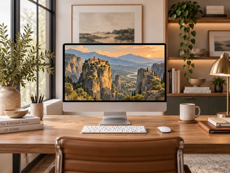 Meteora Monasteries wallpaper shown on a desktop computer screen