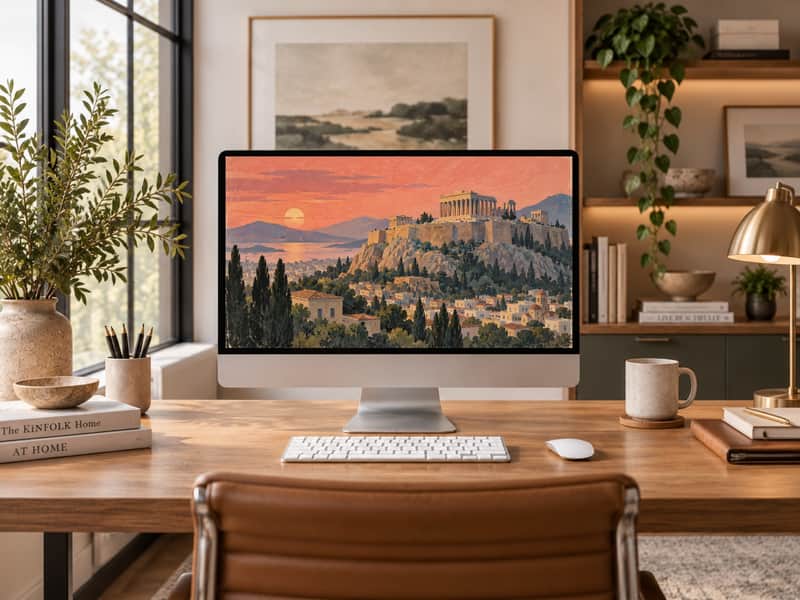 The Acropolis wallpaper shown on a desktop computer screen