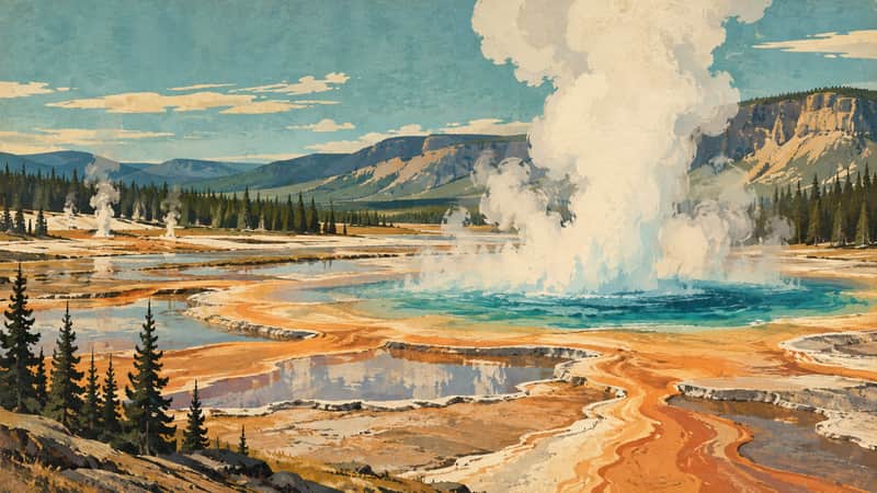 Geothermal Geyser 4K wallpaper, mid-century travel poster style, for Frame TV and desktop