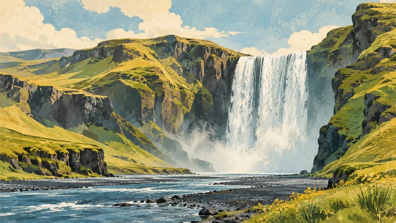 Skógafoss Waterfall 4K wallpaper, mid-century travel poster style, for Frame TV and desktop