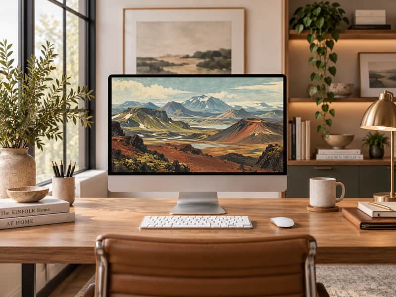 Volcanic Highlands wallpaper shown on a desktop computer screen