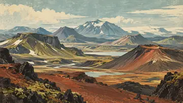 Volcanic Highlands 4K wallpaper, mid-century travel poster style