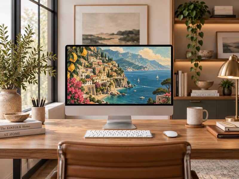 Amalfi Coast wallpaper shown on a desktop computer screen