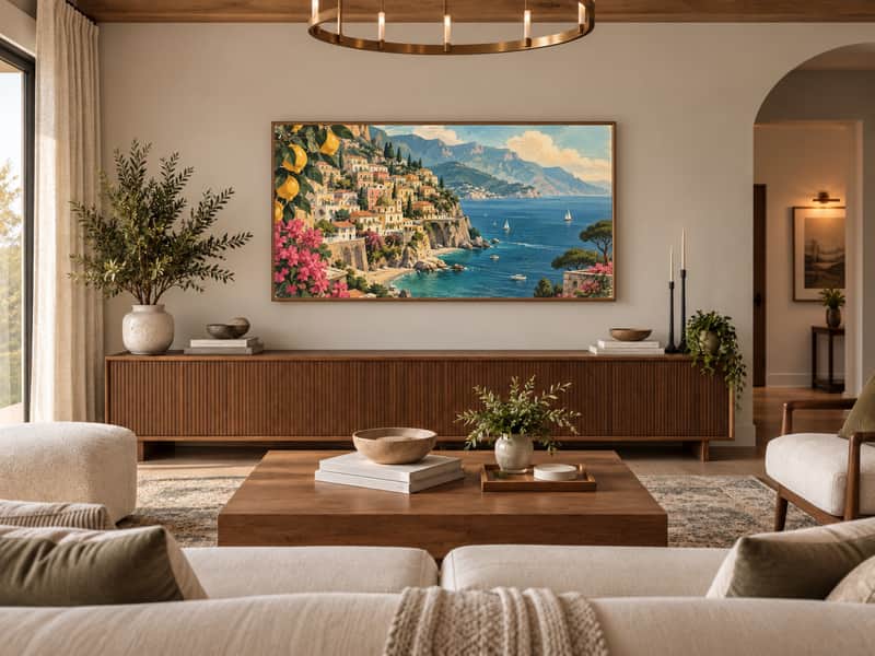 Amalfi Coast wallpaper shown as art on a Samsung Frame TV