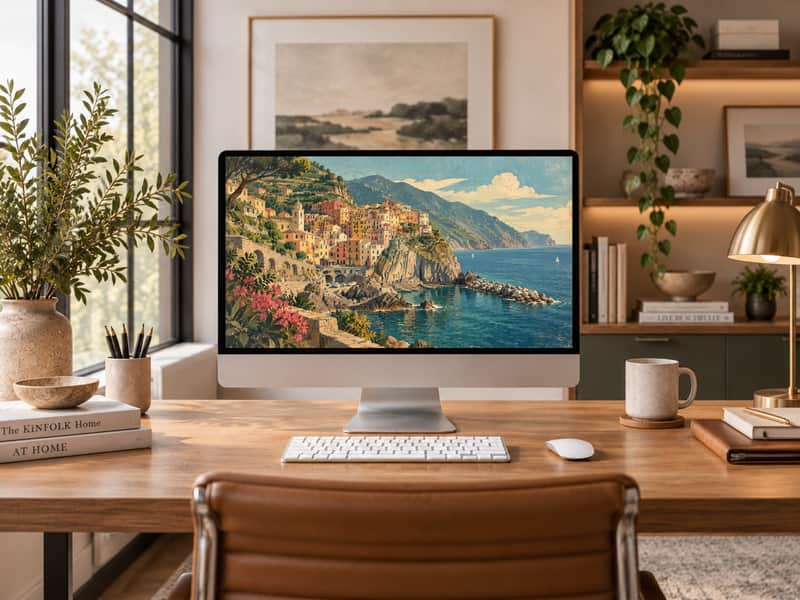 Cinque Terre wallpaper shown on a desktop computer screen