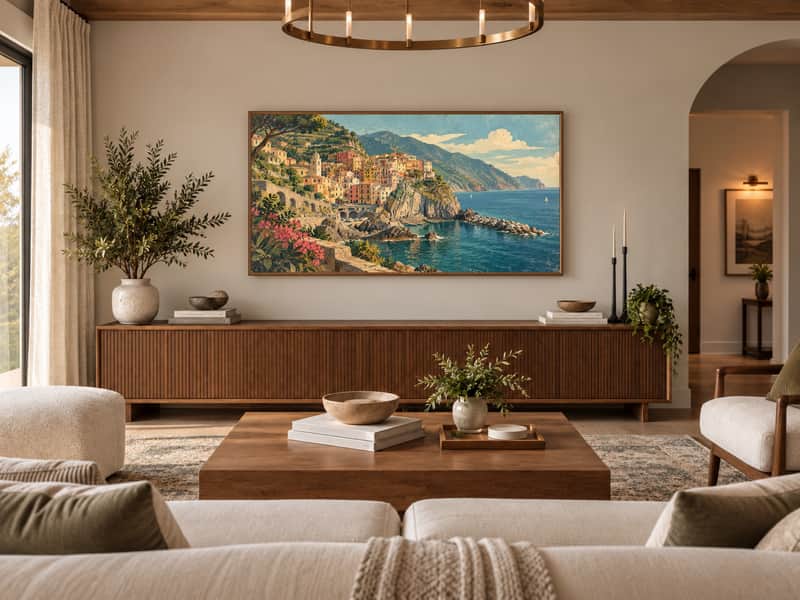 Cinque Terre wallpaper shown as art on a Samsung Frame TV