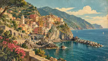 Cinque Terre 4K wallpaper, mid-century travel poster style