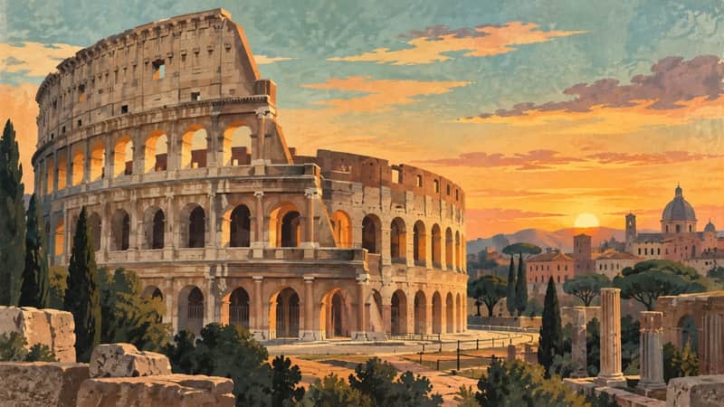 Colosseum 4K wallpaper, mid-century travel poster style, for Frame TV and desktop